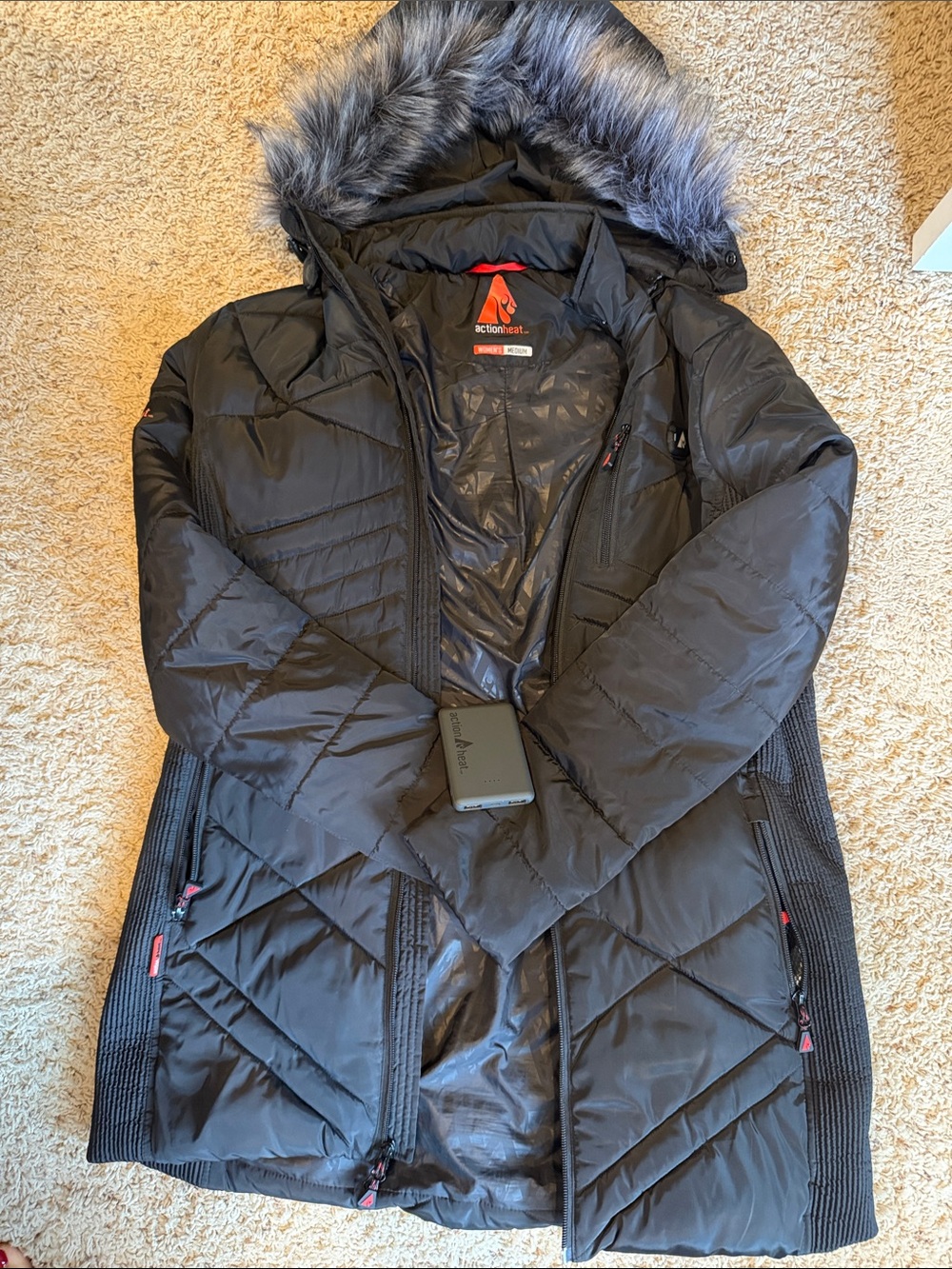 Heated Insulated Black Quilted Puffer Coat with Faux-Fur Hood
